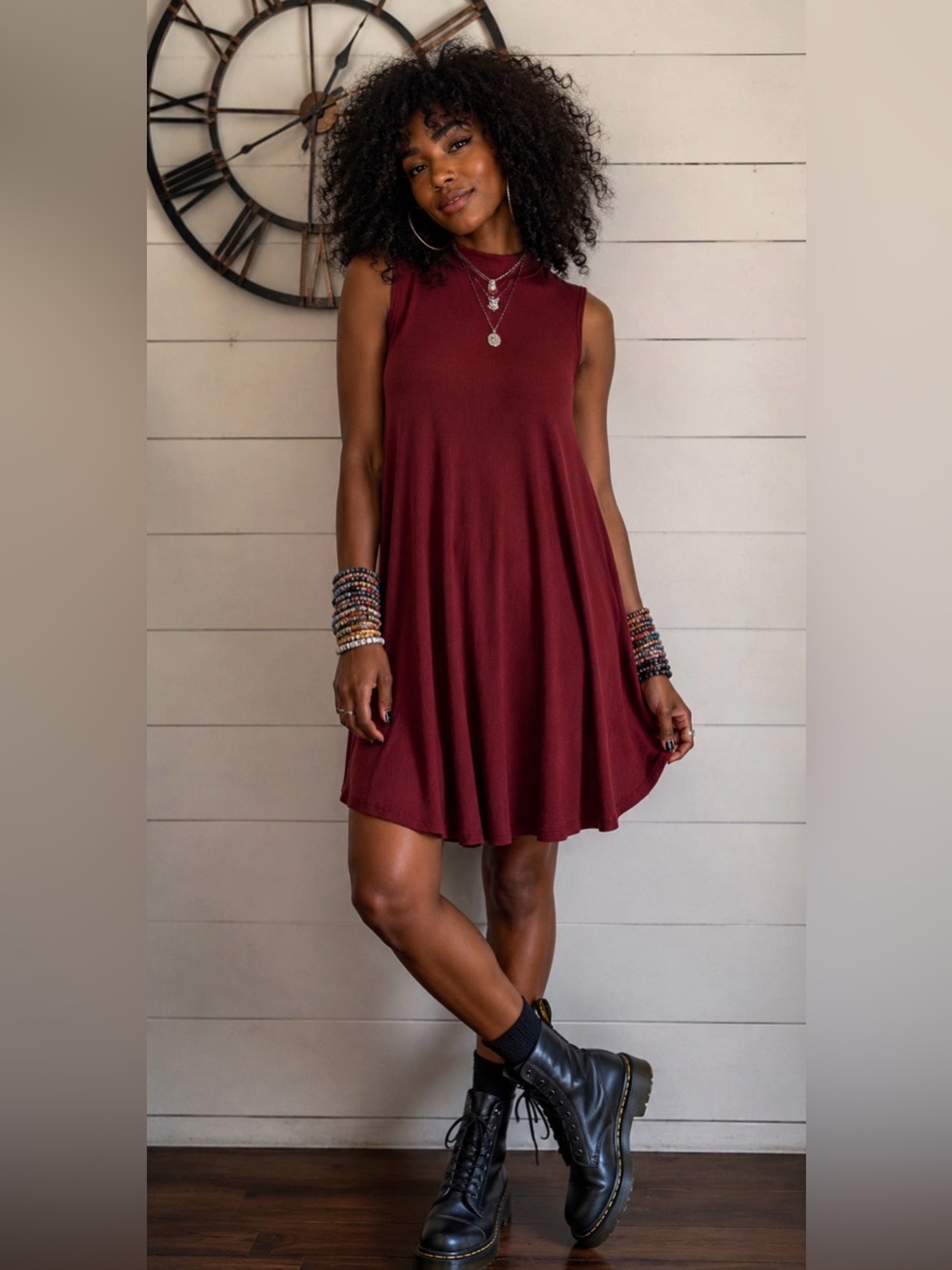 PPLA Sleeveless Swing Dress w Mock Neck & Trapeze Silhouette - Ribbed STRETCHY S